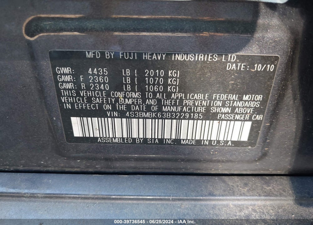 2011 SUBARU LEGACY 2.5I LIMITED VIN: 4S3BMBK63B3229185