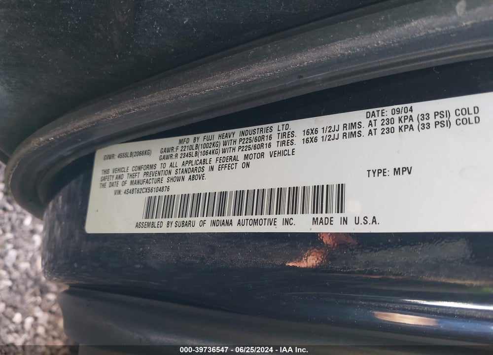 2005 SUBARU BAJA SPORT VIN: 4S4BT62CX56104876
