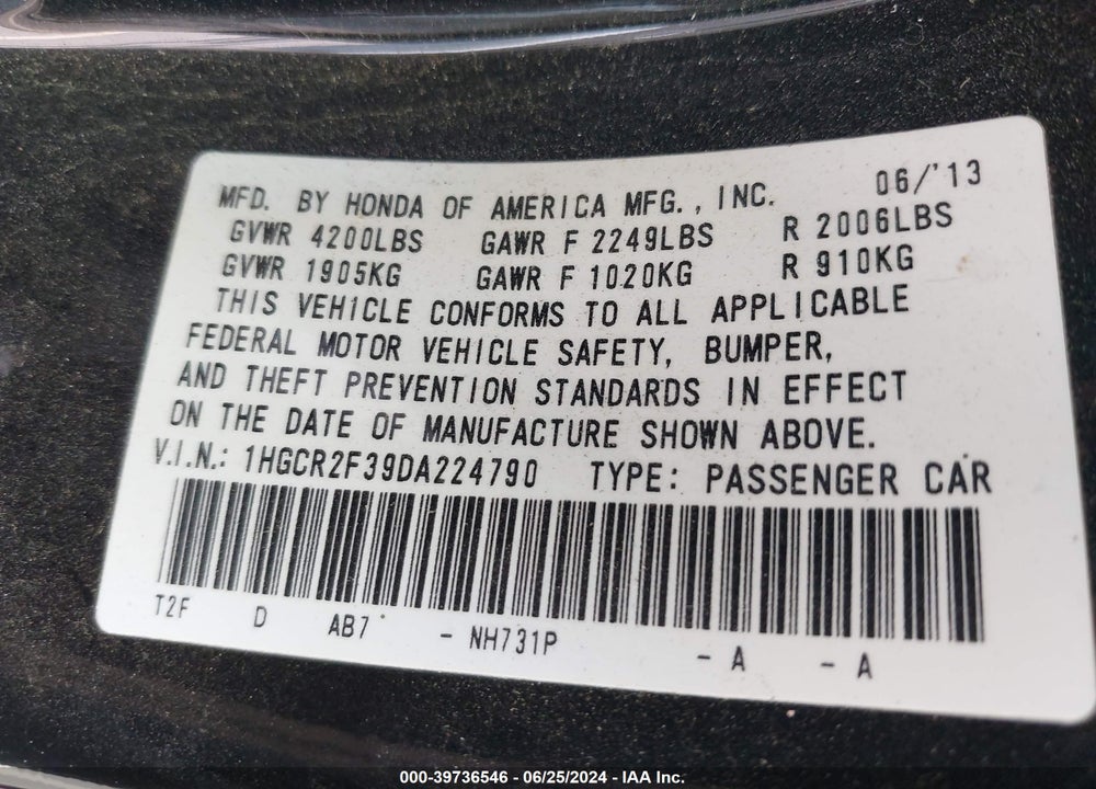2013 HONDA ACCORD LX VIN: 1HGCR2F39DA224790