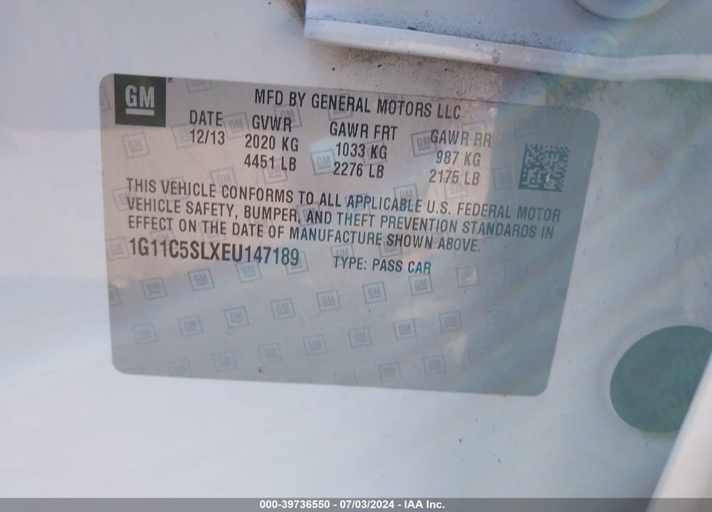 2014 CHEVROLET MALIBU 1LT VIN: 1G11C5SLXEU147189