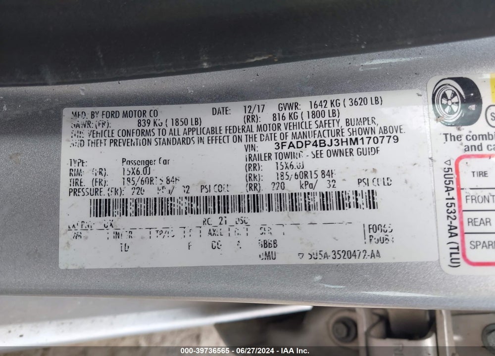 2017 FORD FIESTA SE VIN: 3FADP4BJ3HM170779