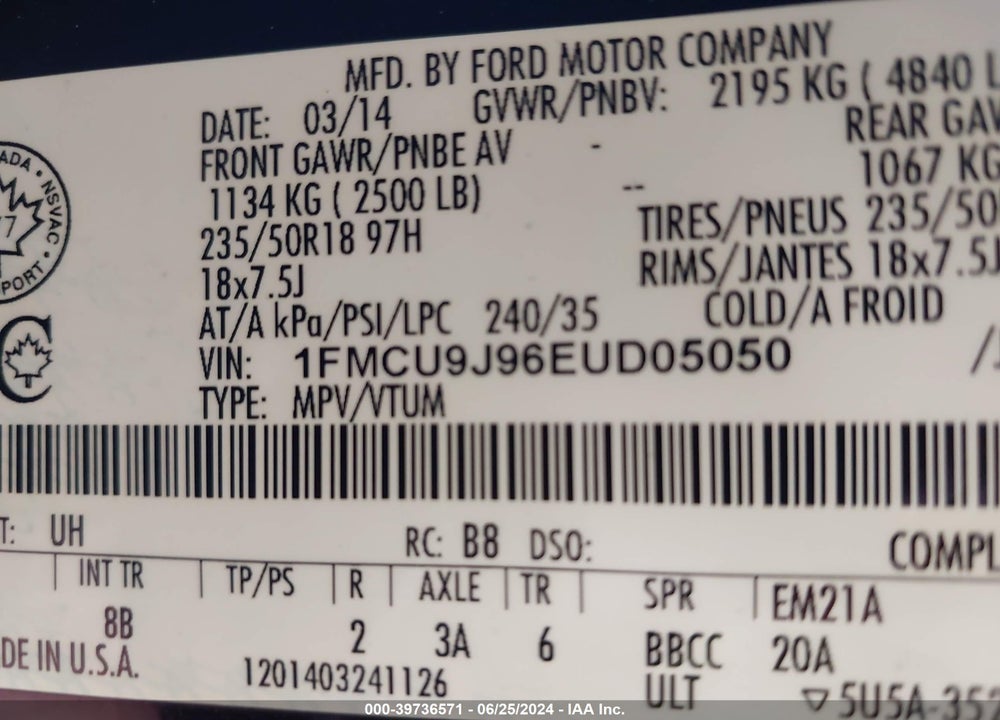 2014 FORD ESCAPE TITANIUM VIN: 1FMCU9J96EUD05050