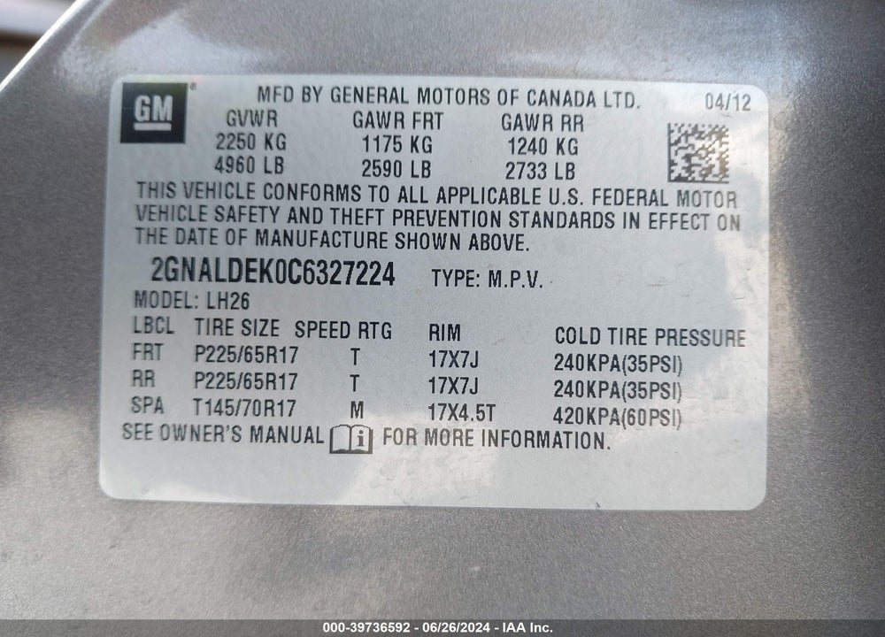 2012 CHEVROLET EQUINOX 1LT VIN: 2GNALDEK0C6327224