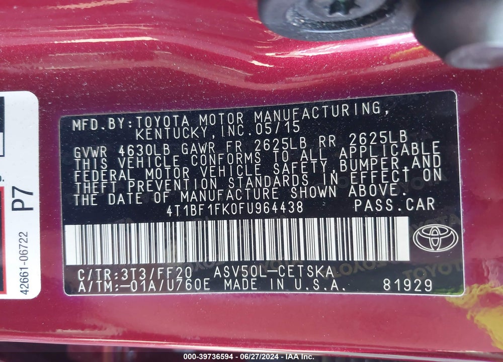 2015 TOYOTA CAMRY SE VIN: 4T1BF1FK0FU964438