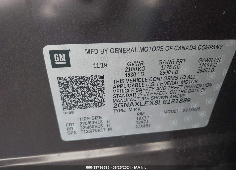 2020 CHEVROLET EQUINOX FWD LT 2.0L TURBO VIN: 2GNAXLEX8L6181889
