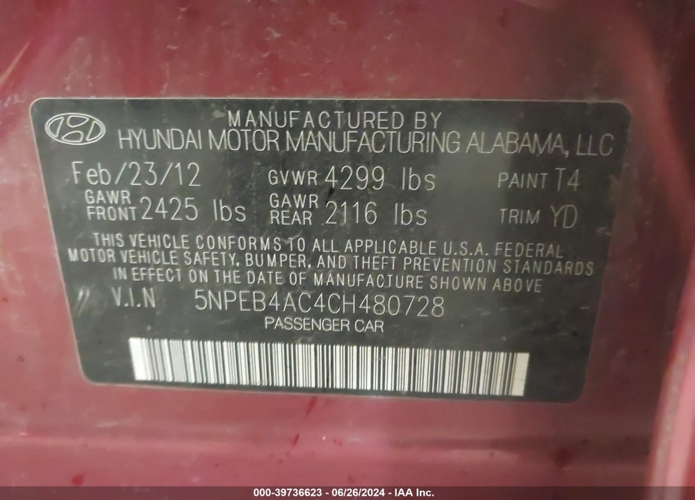 2012 HYUNDAI SONATA GLS VIN: 5NPEB4AC4CH480728
