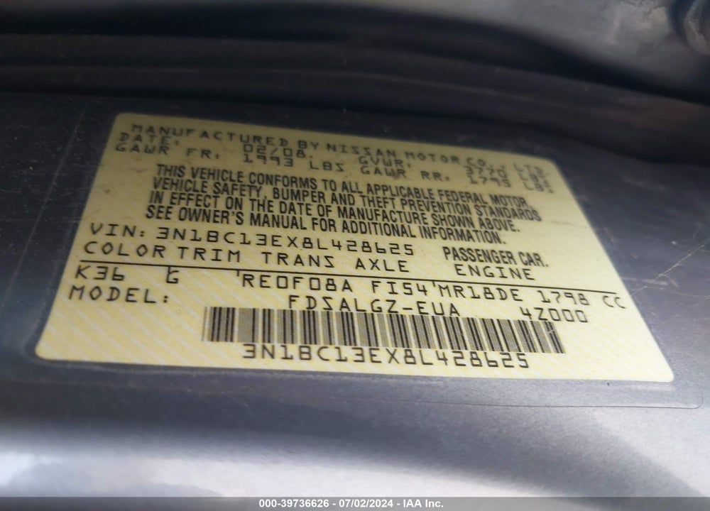 2008 NISSAN VERSA 1.8SL VIN: 3N1BC13EX8L428625