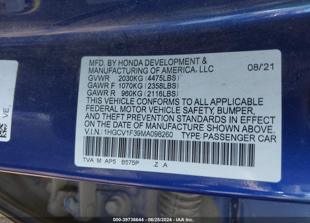 2021 HONDA ACCORD SPORT VIN: 1HGCV1F39MA098260