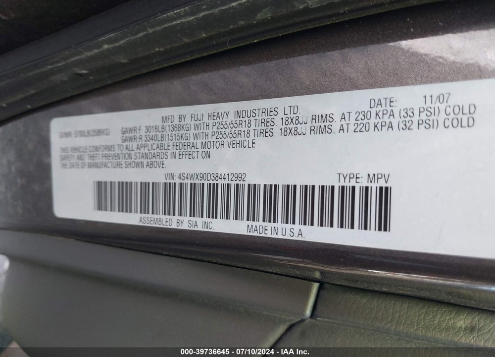 2008 SUBARU TRIBECA LIMITED 7-PASSENGER VIN: 4S4WX90D384412992
