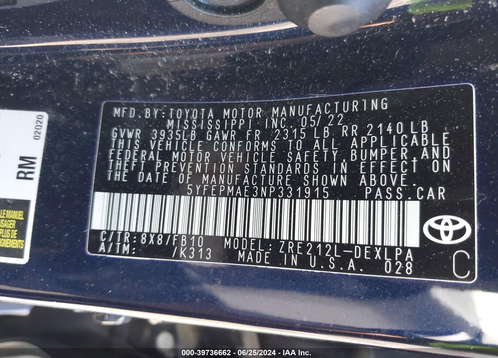 2022 TOYOTA COROLLA LE VIN: 5YFEPMAE3NP331915
