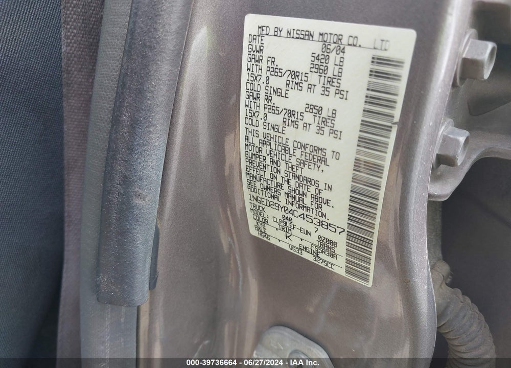 2004 NISSAN FRONTIER XE-V6 VIN: 1N6ED29Y04C453857