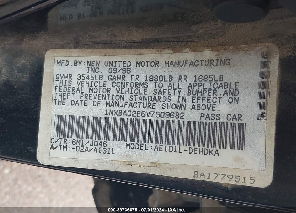 1997 TOYOTA COROLLA STD VIN: 1NXBA02E6VZ509682