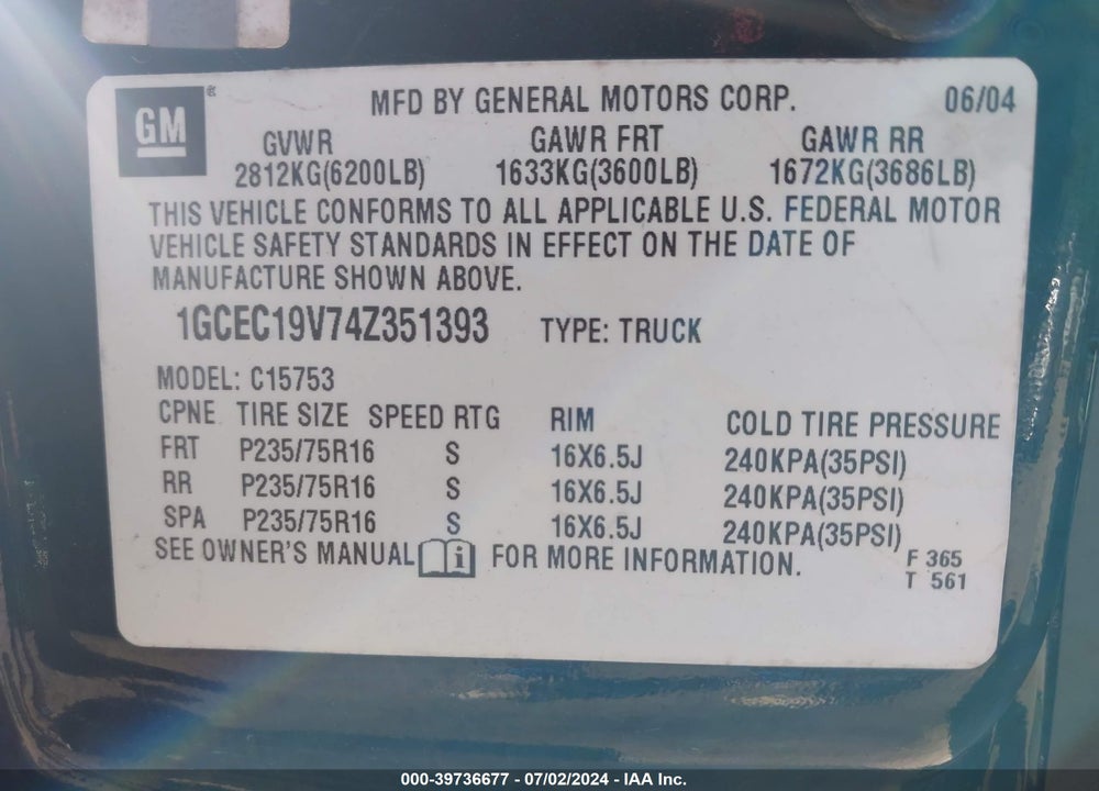 2004 CHEVROLET SILVERADO 1500 LS VIN: 1GCEC19V74Z351393