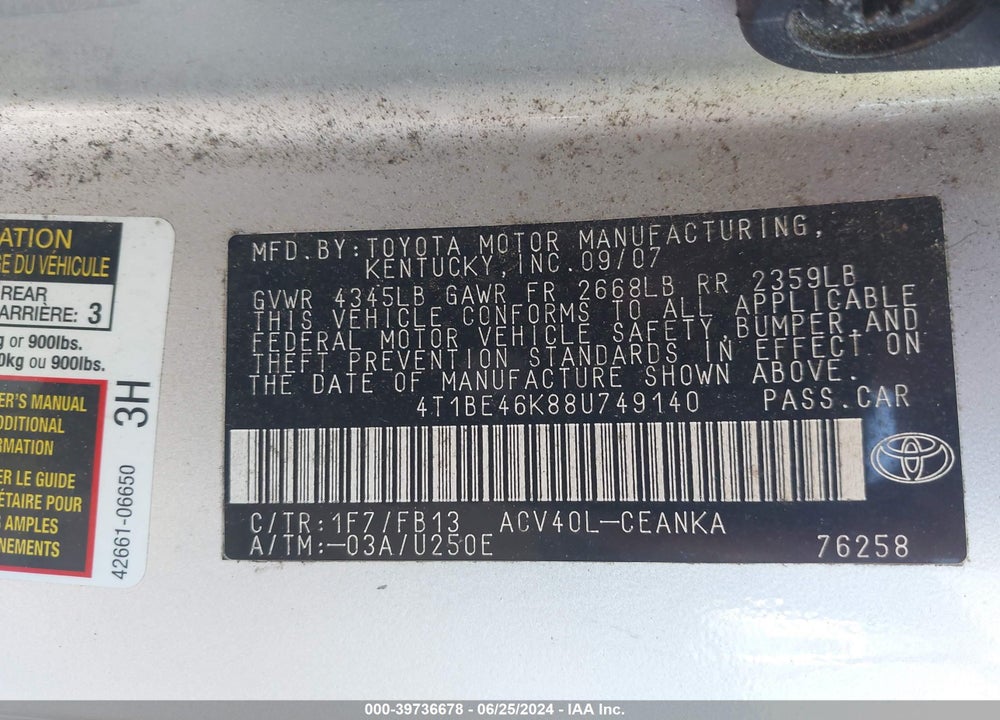 2008 TOYOTA CAMRY LE VIN: 4T1BE46K88U749140