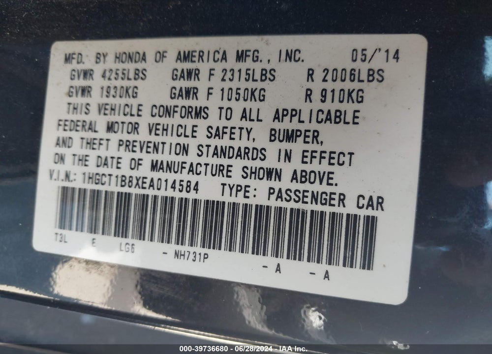 2014 HONDA ACCORD EX-L VIN: 1HGCT1B8XEA014584