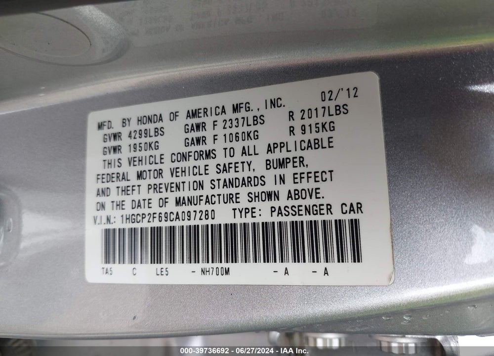 2012 HONDA ACCORD 2.4 SE VIN: 1HGCP2F69CA097280