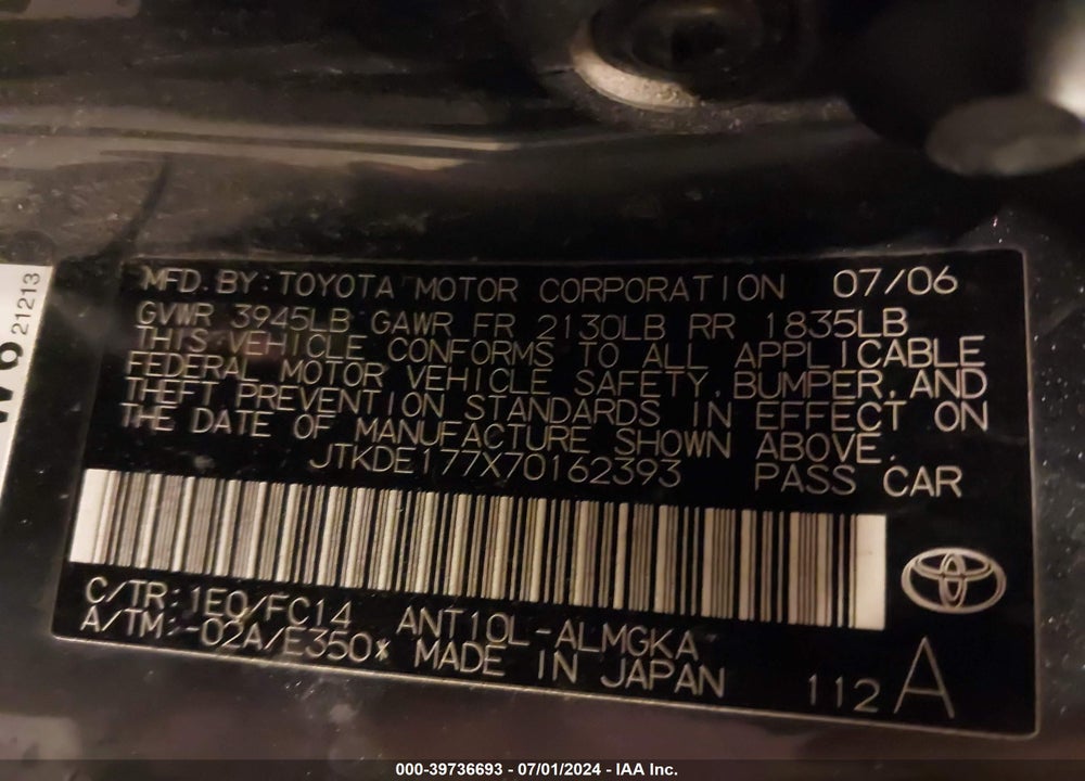 2007 SCION TC VIN: JTKDE177X70162393