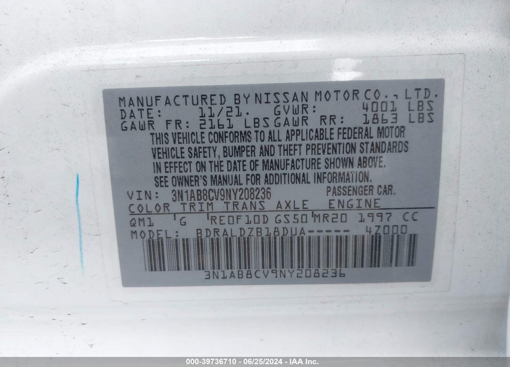 2022 NISSAN SENTRA SV XTRONIC CVT VIN: 3N1AB8CV9NY208236