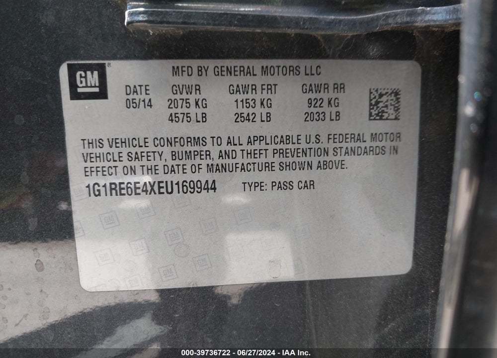 2014 CHEVROLET VOLT VIN: 1G1RE6E4XEU169944