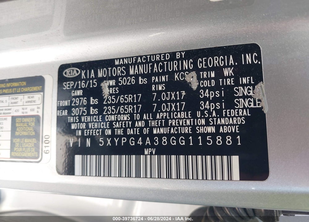2016 KIA SORENTO 2.4L L VIN: 5XYPG4A38GG115881