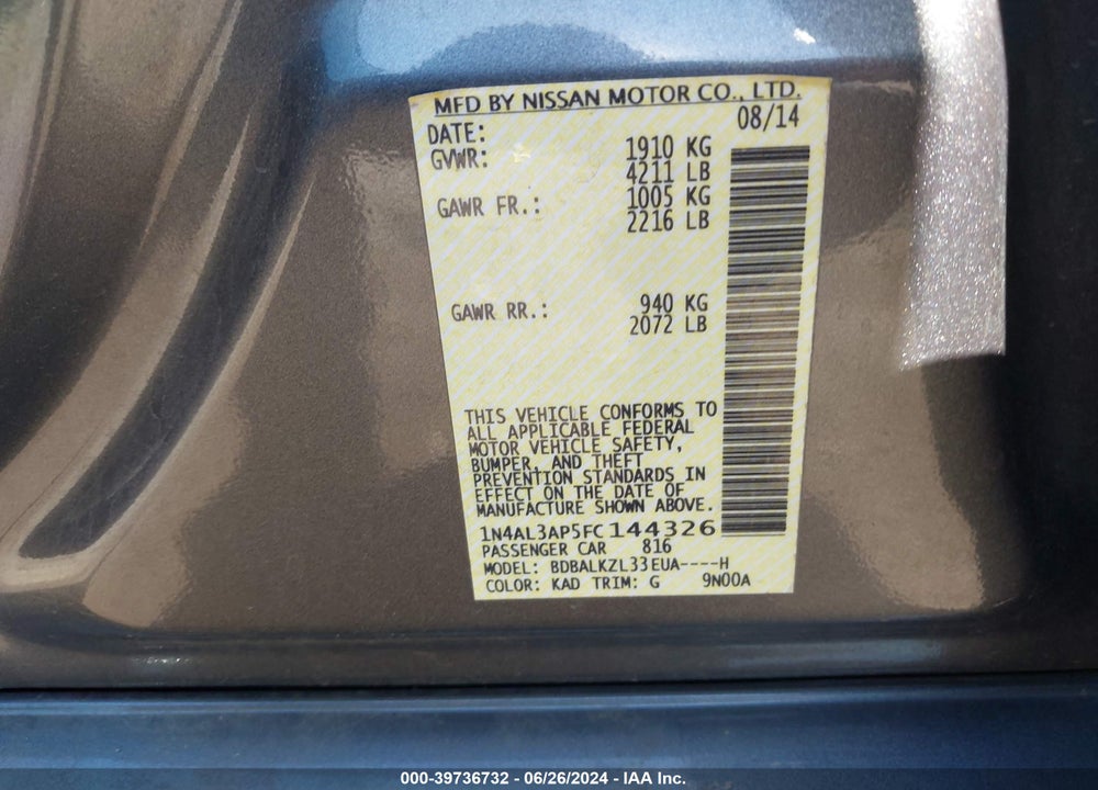 2015 NISSAN ALTIMA 2.5 SV VIN: 1N4AL3AP5FC144326