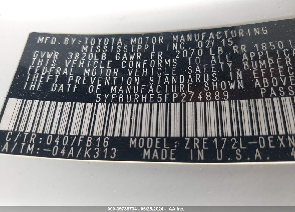 2015 TOYOTA COROLLA LE VIN: 5YFBURHE5FP274889