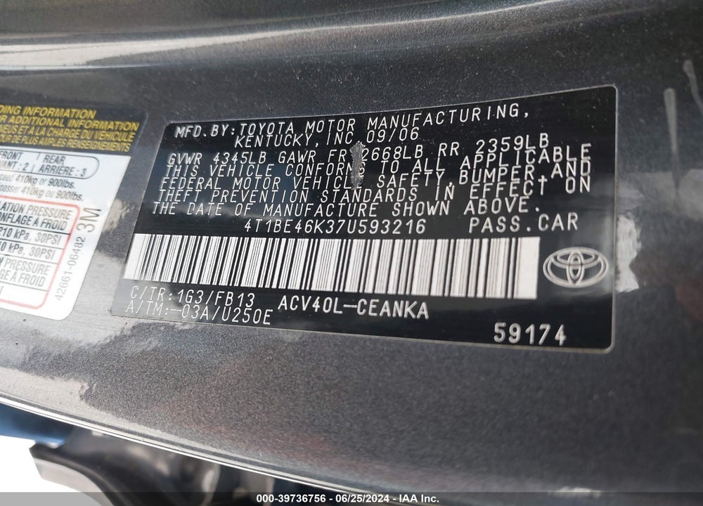 2007 TOYOTA CAMRY LE VIN: 4T1BE46K37U593216