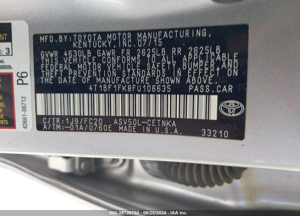 2015 TOYOTA CAMRY LE VIN: 4T1BF1FK8FU106635