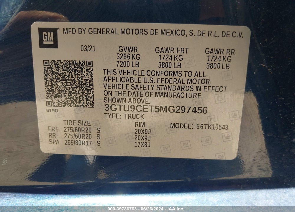 2021 GMC SIERRA 1500 4WD SHORT BOX ELEVATION VIN: 3GTU9CET5MG297456
