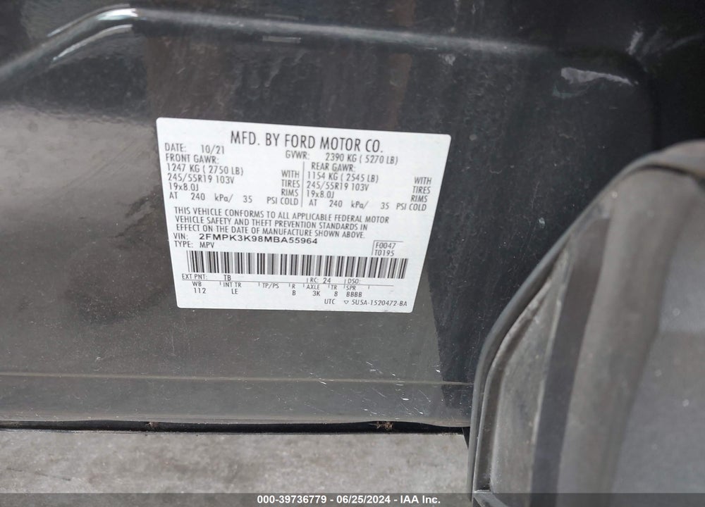 2021 FORD EDGE TITANIUM VIN: 2FMPK3K98MBA55964