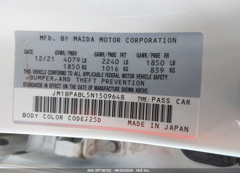 2022 MAZDA 3 SELECT VIN: JM1BPABL5N1509648