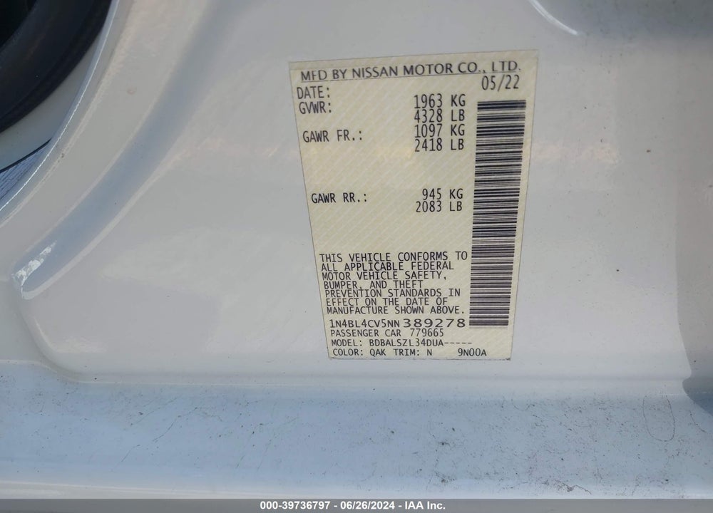 2022 NISSAN ALTIMA SR FWD VIN: 1N4BL4CV5NN389278