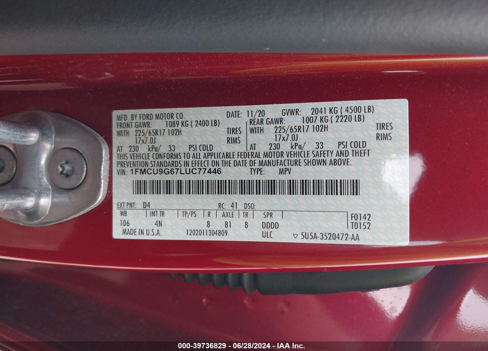 2020 FORD ESCAPE SE VIN: 1FMCU9G67LUC77446