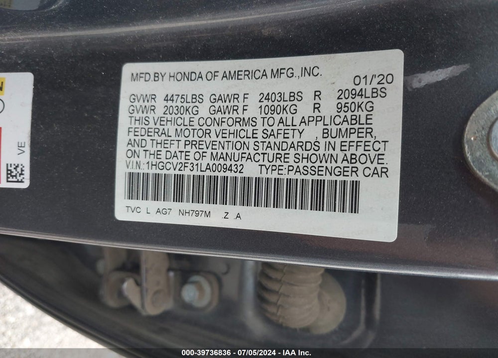 2020 HONDA ACCORD SPORT 2.0T VIN: 1HGCV2F31LA009432