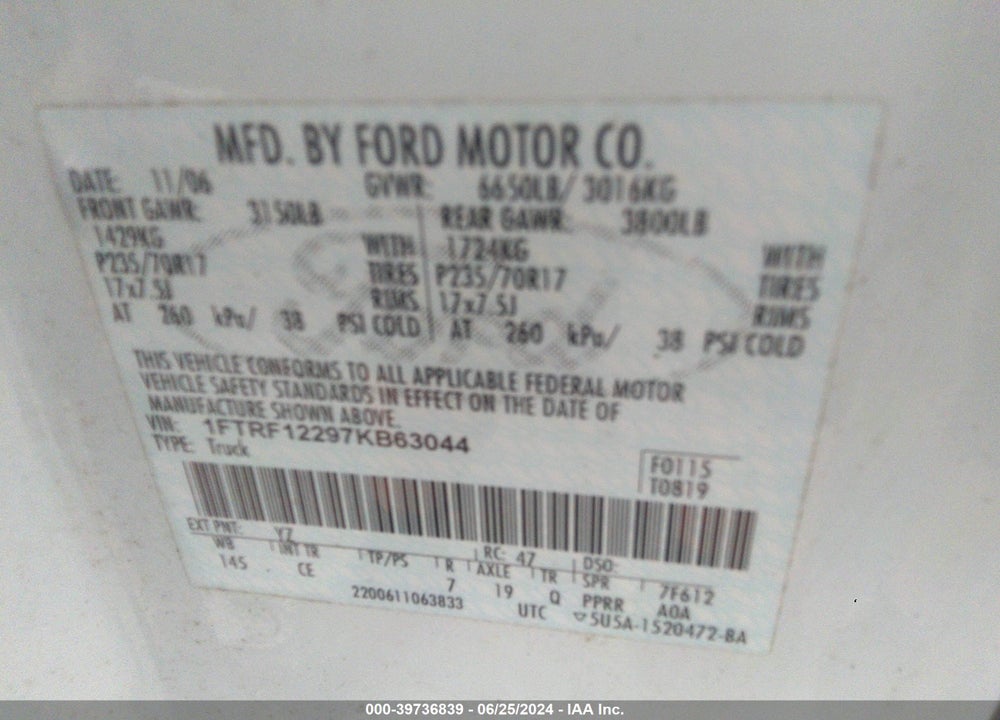 2007 FORD F-150 STX/XL/XLT VIN: 1FTRF12297KB63044