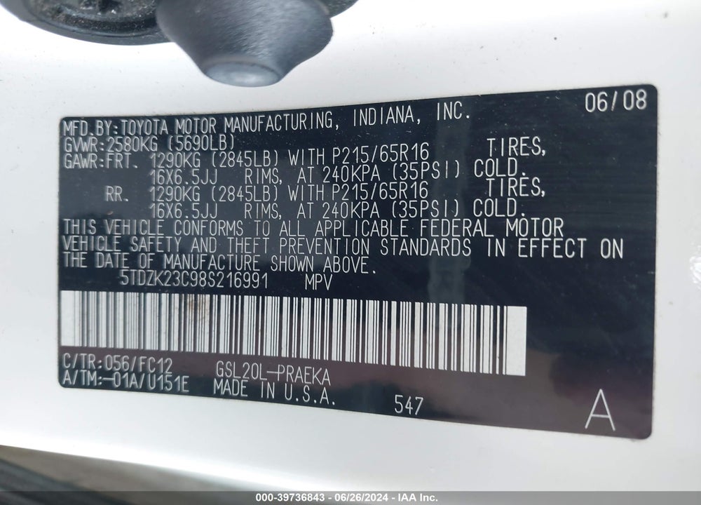 2008 TOYOTA SIENNA VIN: 5TDZK23C98S216991