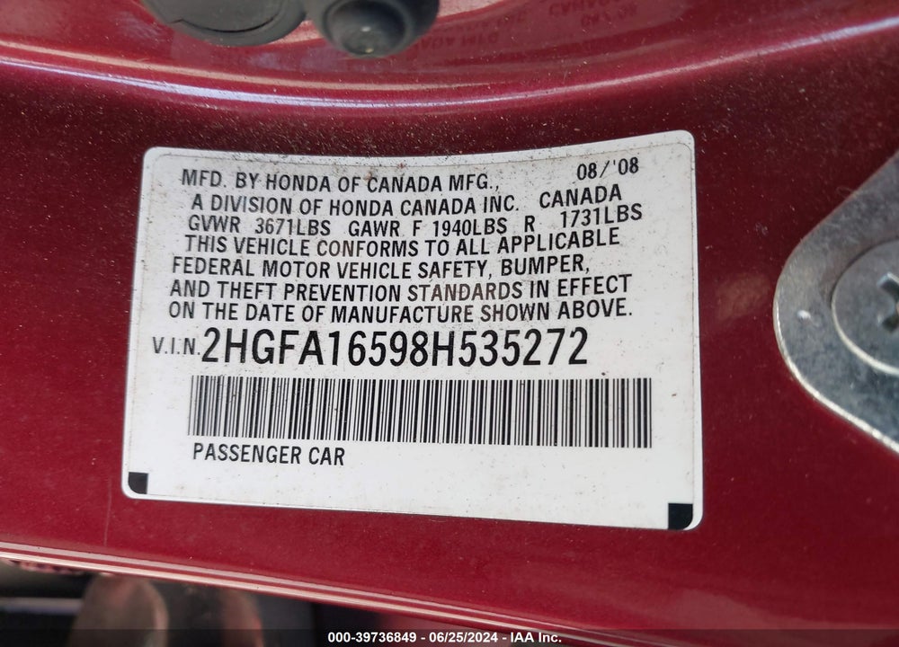 2008 HONDA CIVIC LX VIN: 2HGFA16598H535272