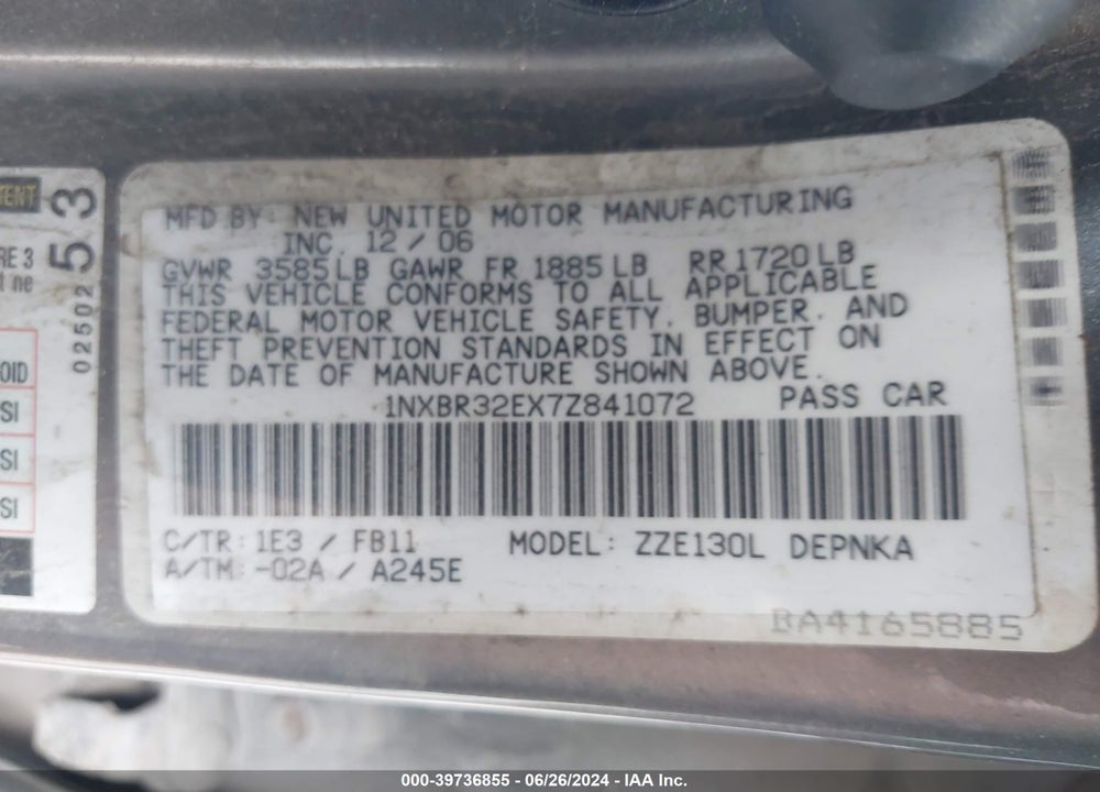 2007 TOYOTA COROLLA LE VIN: 1NXBR32EX7Z841072