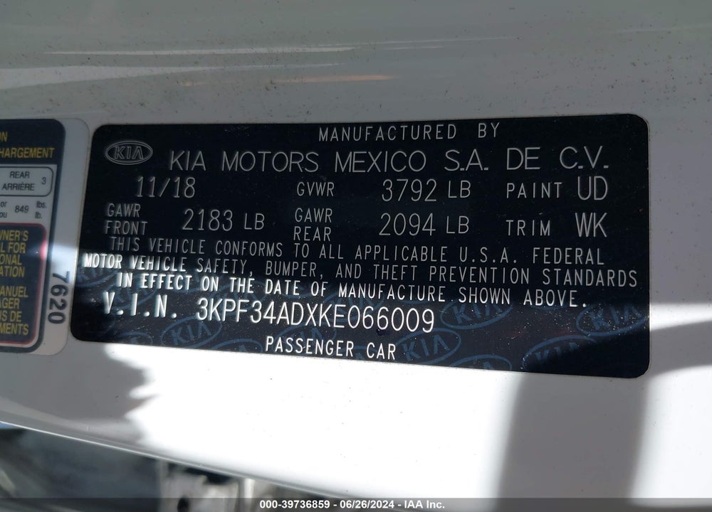 2019 KIA FORTE S VIN: 3KPF34ADXKE066009