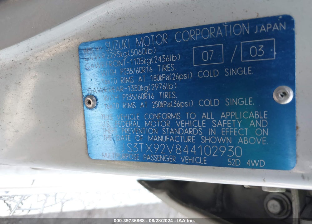 2004 SUZUKI XL-7 EX/LX VIN: JS3TX92V844102930