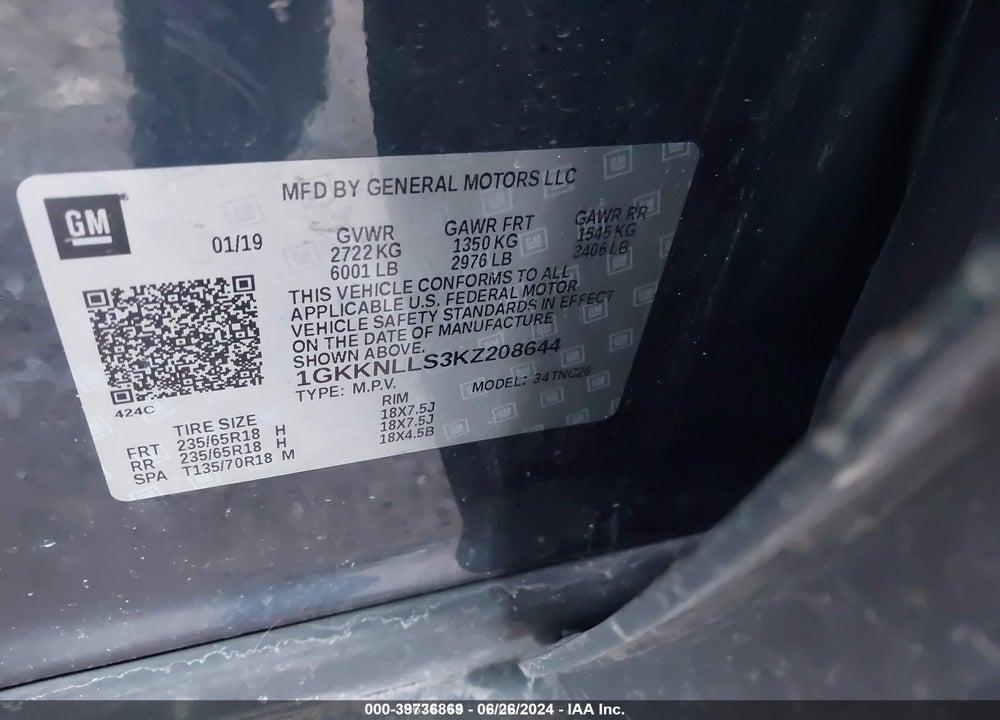 2019 GMC ACADIA SLE-2 VIN: 1GKKNLLS3KZ208644