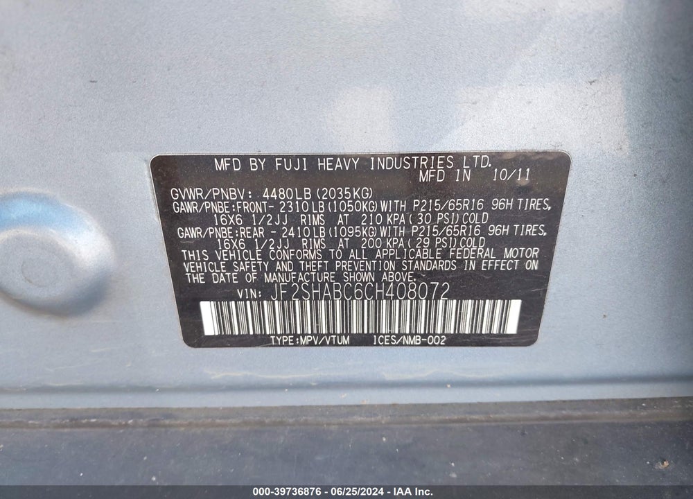2012 SUBARU FORESTER 2.5X VIN: JF2SHABC6CH408072