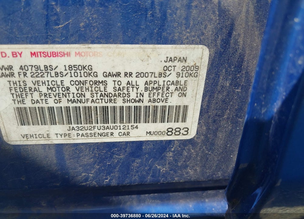 2010 MITSUBISHI LANCER VIN: JA32U2FU3AU012154