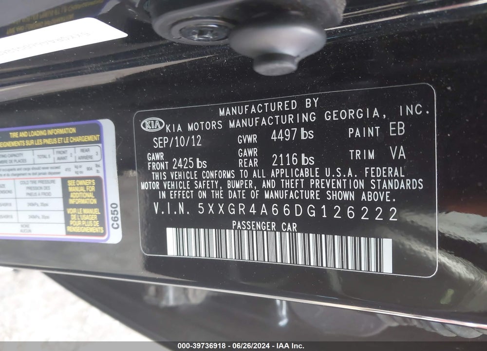 2013 KIA OPTIMA SX VIN: 5XXGR4A66DG126222