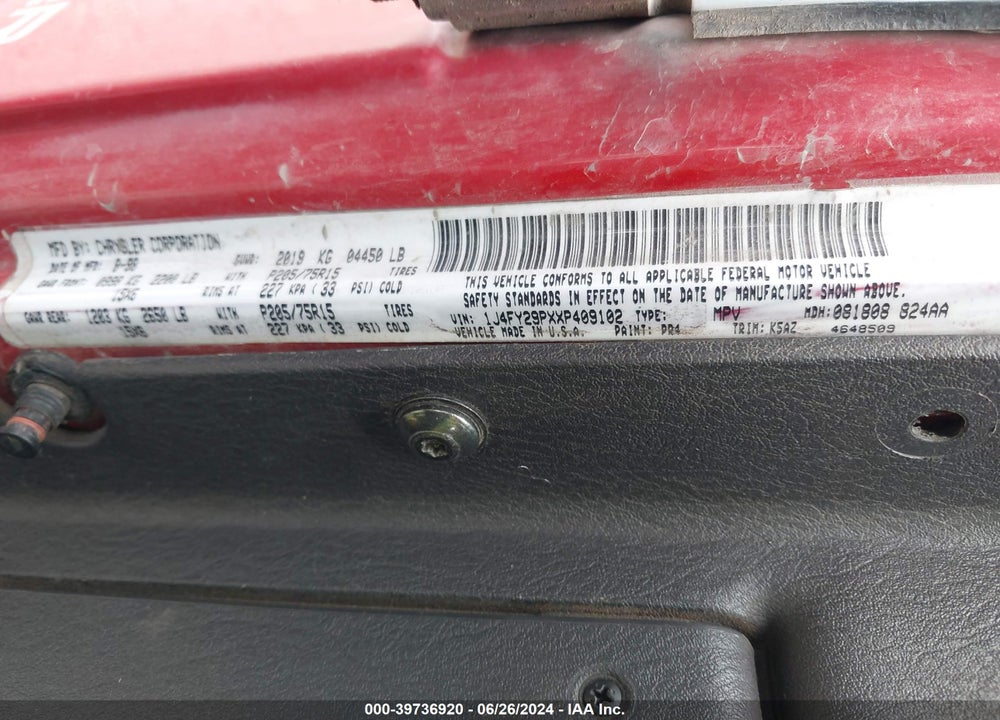 1999 JEEP WRANGLER SE VIN: 1J4FY29PXXP409102