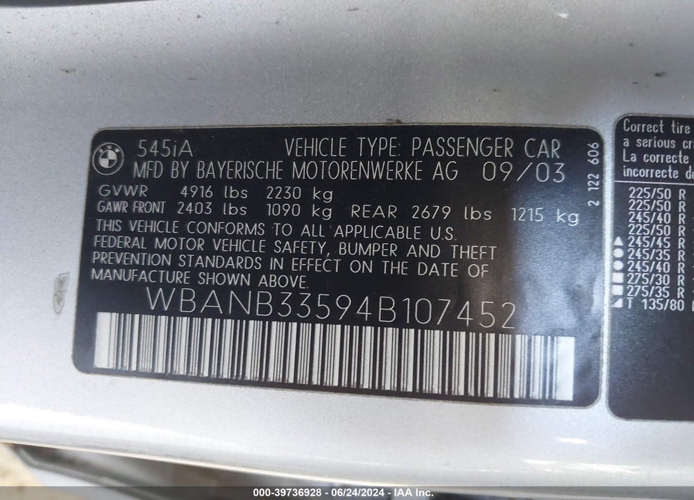 2004 BMW 545I VIN: WBANB33594B107452