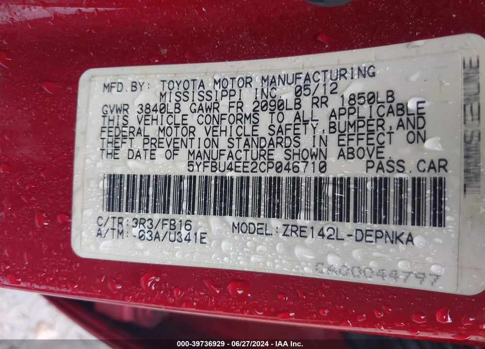2012 TOYOTA COROLLA LE VIN: 5YFBU4EE2CP046710