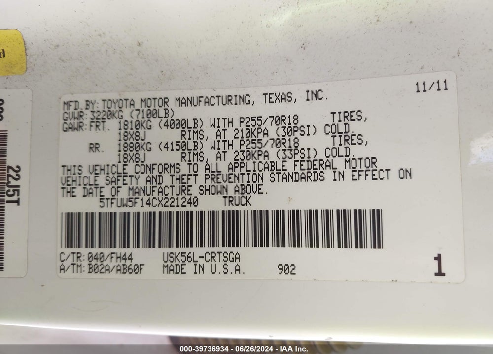 2012 TOYOTA TUNDRA GRADE 5.7L V8 VIN: 5TFUW5F14CX221240