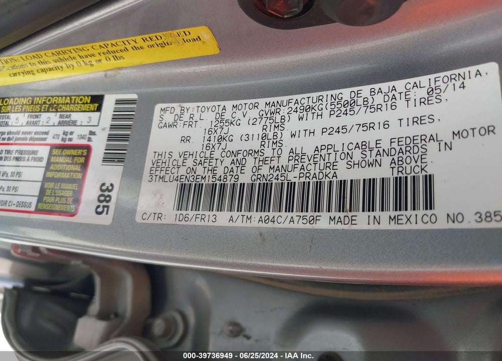 2014 TOYOTA TACOMA BASE V6 VIN: 3TMLU4EN3EM154879