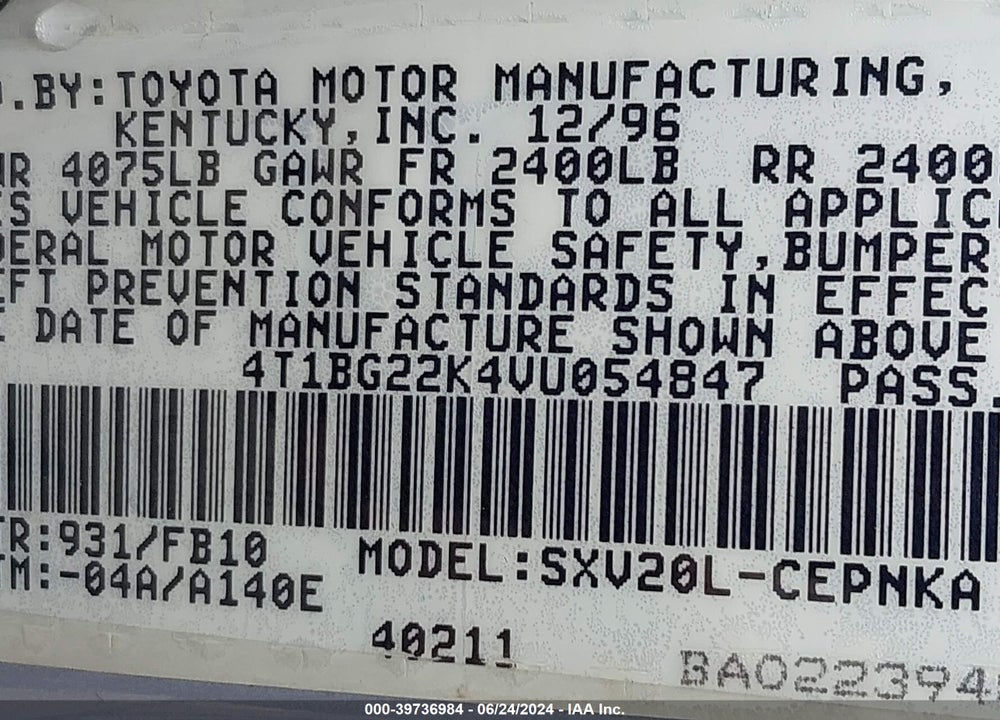 1997 TOYOTA CAMRY LE VIN: 4T1BG22K4VU054847